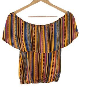 Ruffle front off the shoulder yellow stripe top cropped size medium